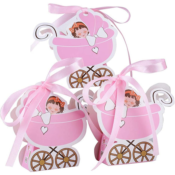 Pink 48 stk. Dåbsgaveæsker Baby Klapvogn Form Papir og Rib