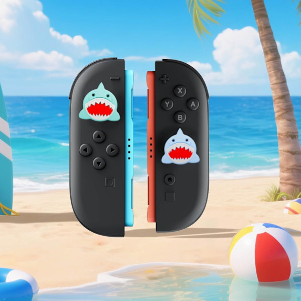 Thumb Grips Kompatible med Nintendo Switch 2 (2025) – 4 stk. Blå Haj Design Silikone Joystick Caps, Komfortable Controller Stick Gaver til Børn & Ga