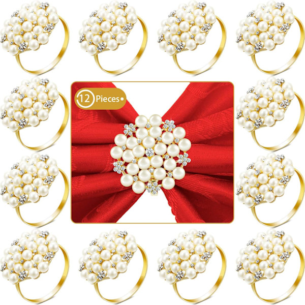 12 st Guld Servett Ringar Pärlor Blomma Servett Spännen Strass Bling Runda Servetthållare för Bröllop Bankett Hem Par