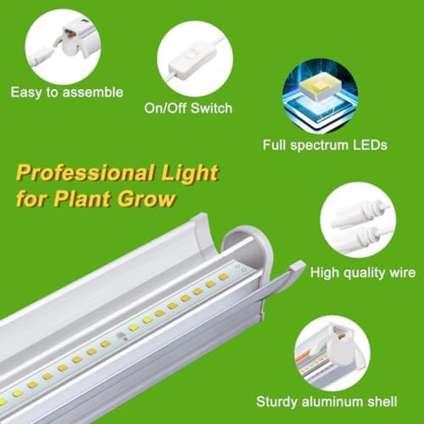4 stk. T5 Plantelys, Fuld Spektrum 42cm LED Vækstlys, Plantevækstlampe med Reflektor/Daisy Chain Design til Frøplanter