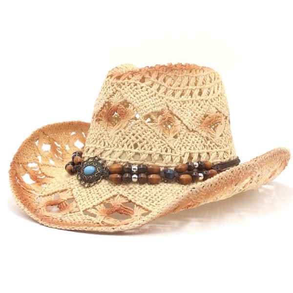 (begie)Unisex cowboyhatt i hul strå, cowboysolhatt med bred brem m