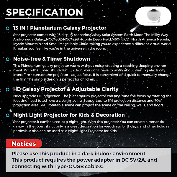 LED Planetarium Galaxy Stjerneprojektor med 13 utskiftbare disker, nattlyslampe med Temptat