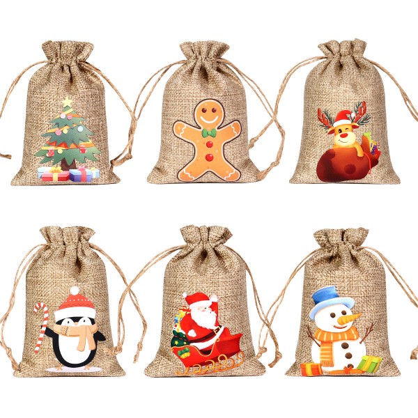 (S) 12-pack jutesäckar med dragsko för jul