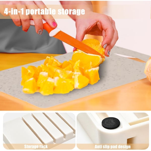 Plastskjærebrett, 4 kjøkkenskjærebrett med håndtak og oppbevaringsholder sett Små skjærebrett Oppvaskmaskinsikre, 28x18,5 cm