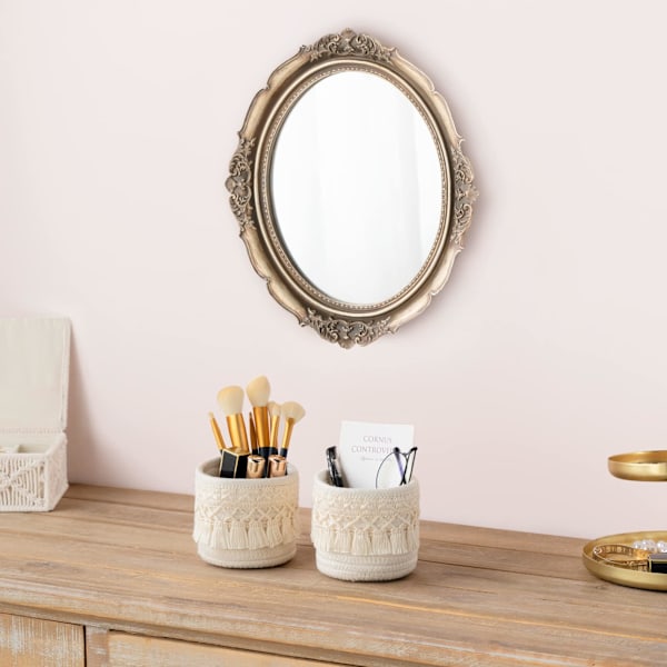 Sæt med 2 Mini Makeupbørste Opbevaringskurve - Opbevaringskurve til Hjemmet - Boho Stil - Elfenben
