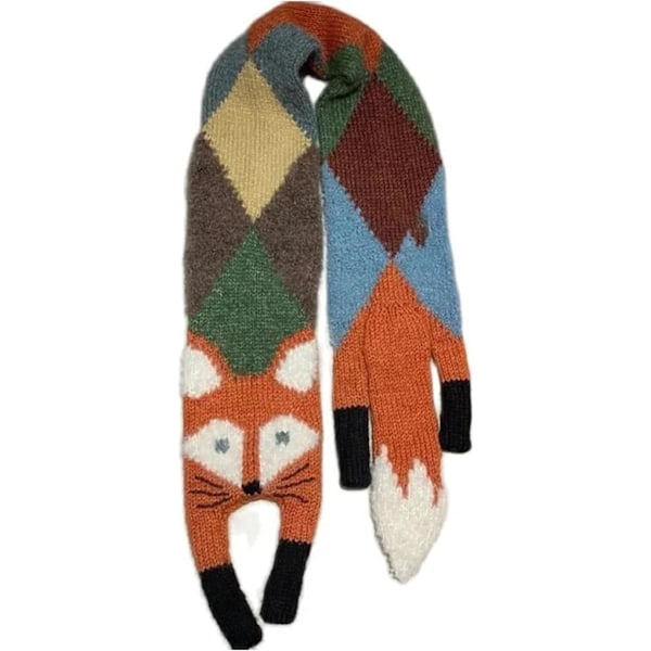 Dam Scarf med Rävform, Vintermode Söta Cartoon Liten Räv Ullkänsla Lång Scarf