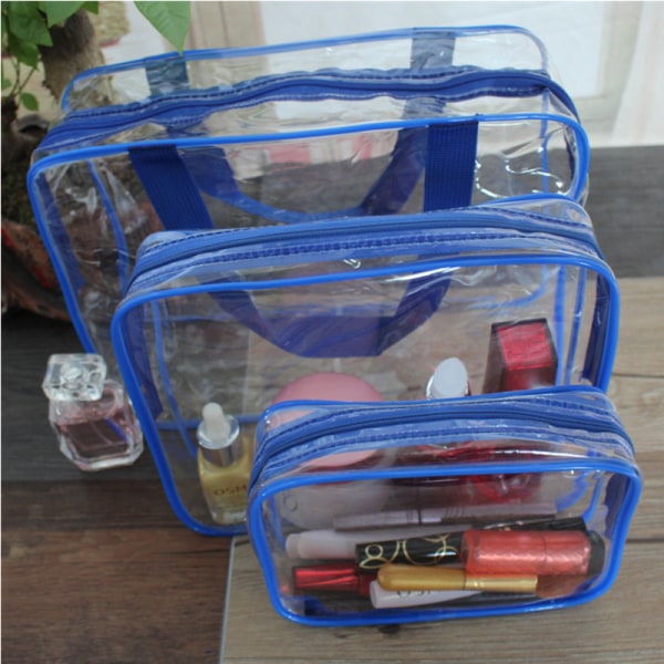 3-pak gennemsigtige rejsetasker, blå vandtæt klar plast