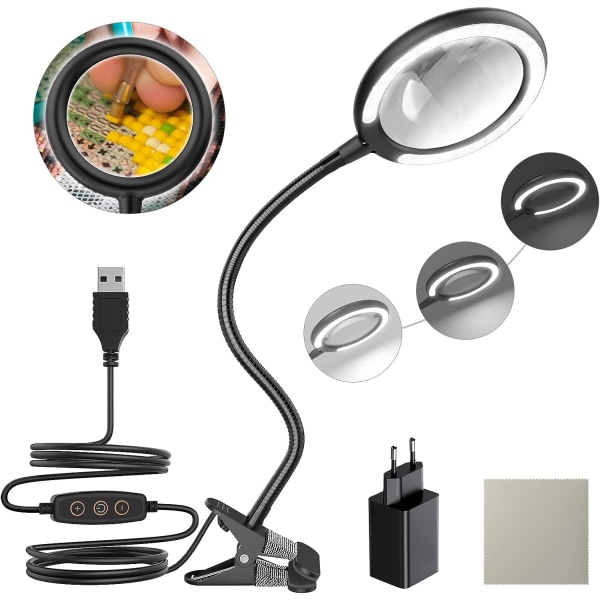 3X dagslys LED forstørrelseslampe, clip-on forstørrelsesglas med 5 Ad