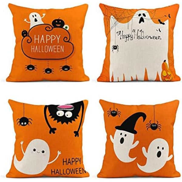 Sett med 4 putetrekk Spøkelsesgresskar Øyeboll Tre Hengende Edderkopper Glad Halloween Sky Oransje Dekor Lin Puter