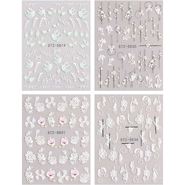 4 ark 3D präglade fjäderblommiga nagelkonstdekaler självhäftande 5D färgglada sommarblommor
