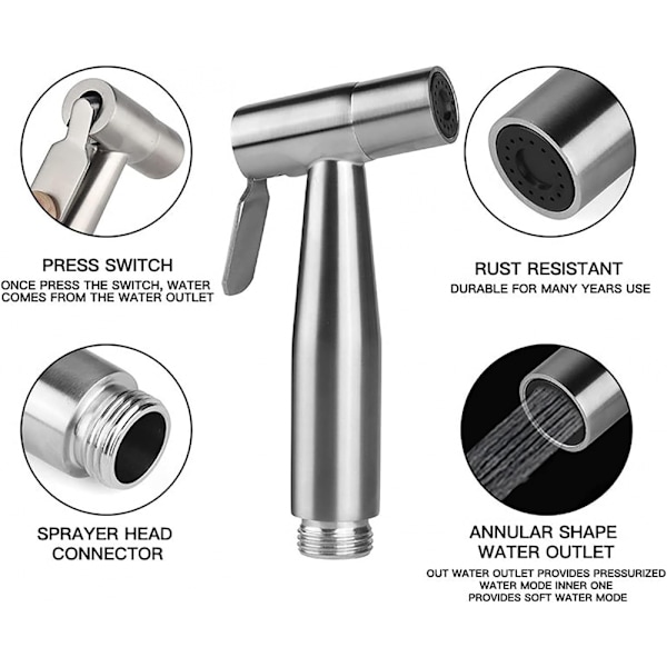 Håndholdt Bidetspray, Dusjtoalettsett, SUS 304 Kobberventilsett Jet Bidet Armatursett Silvery
