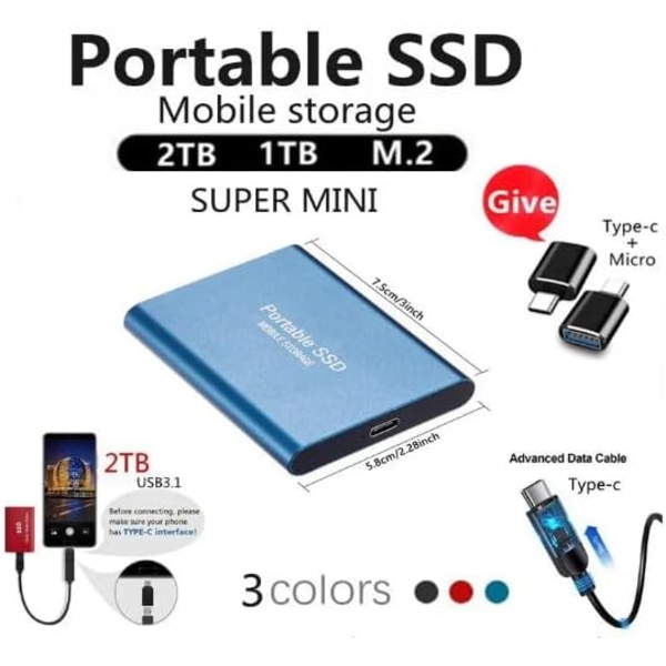 SSD mobil hårddisk 2TB USB/Type-C Gränssnitt Hög Kapacitet Mobil Mini Hårddisk Extern Hårddisk för Datorer/Smartphones - Blå