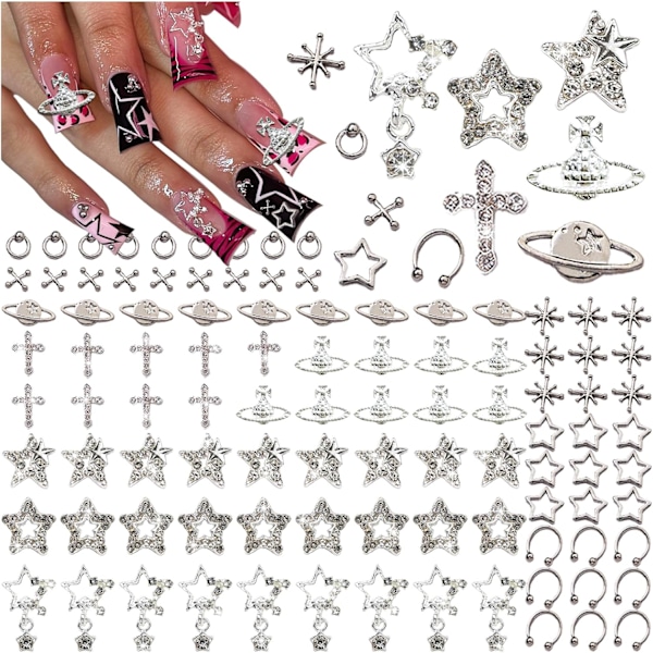 110 stk stjerne negl charms for akryl negler, sølv stjerne planet kors legering negl kunst dekorasjon, negl steiner negl juveler Ac