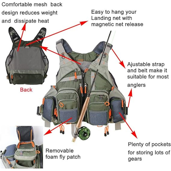 （Army Green）Fluefiske Vest til Mesh-fiskere Justerbar Størrelse til Mænd og Kvinder