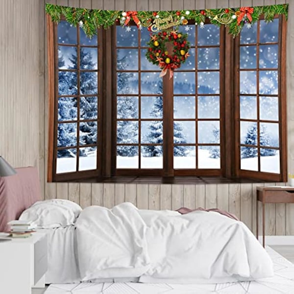 100x150cm Jul- och Vinterväggbonad Snöskog utanför Fönster Väggbonader Väggdekoration Röda Julgranskulor och Julkrans