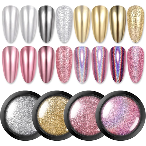 4 Burkar Krom Nagelpulver Metalliskt Spegelpulver Holografiskt Pigmentpulver Manikyr Nagelkonst Dekorationsset Silver Guld