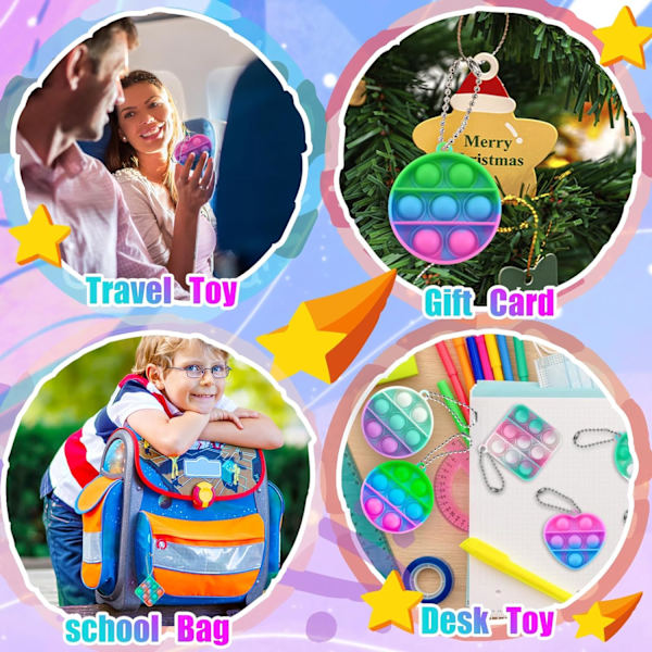 30 stk. børnefest-gaveposer: Festgave boble-fidget-legetøj - Mini boblepose-nøgleringe - Multi