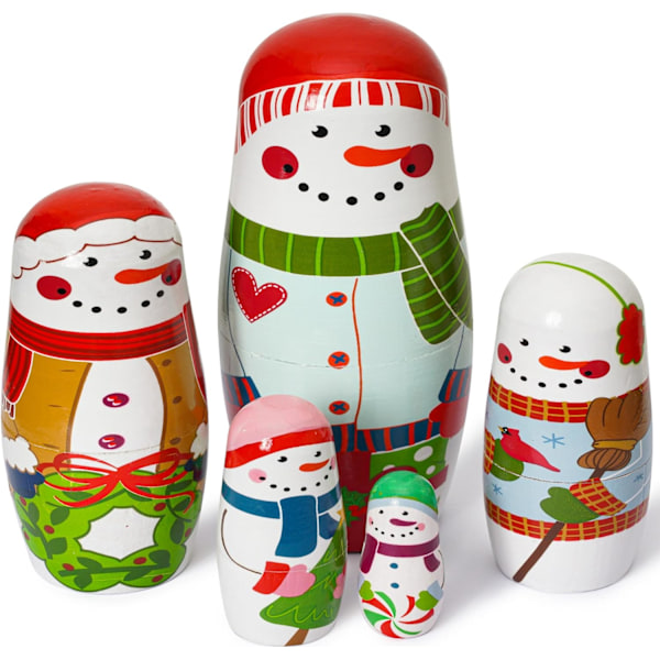 5 st julryska babuschka dockor, söta handgjorda trä snögubbar matryoshka babuschka dockor staplingsleksaker för barn jul