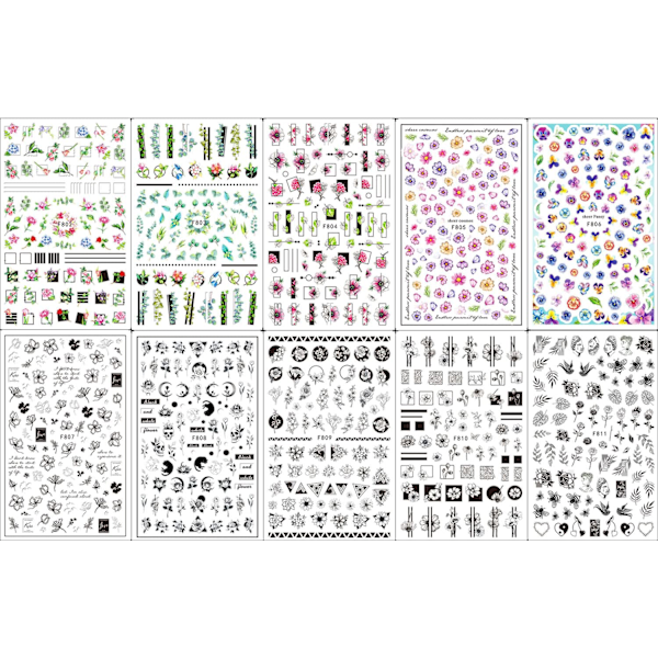 10 ark vårblomma nagelkonst klistermärken dekaler självhäftande Pegatinas para Uñas svart vit blommig ros blad design manikyr tips nageldekoration