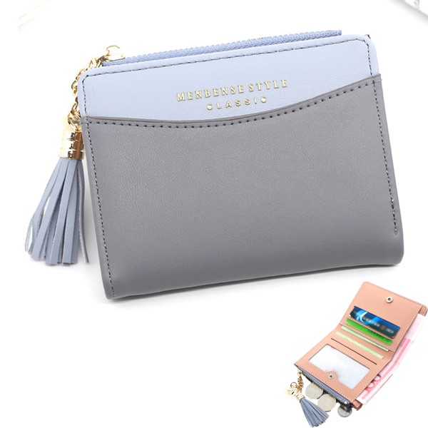 Lommebok med stor kapasitet, grå liten sammenleggbar veske i skinn for kvinner