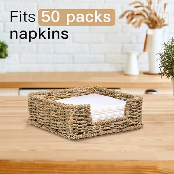 20x20x7cm Serviet Holder i Søgræs til Spisebord, Flad Kvadratisk Serviet Holder til Papirservietter Cocktail Moderne Flettet