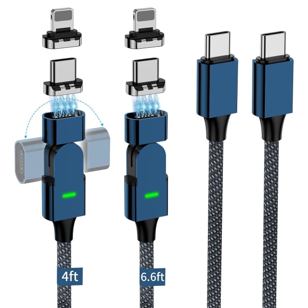 100W USB C magnetisk laddningskabel, 180° rotation 2 i 1 magnetisk telefonladdarhytt Blue
