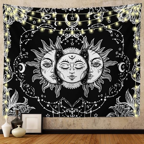 (150 cm B x 130 cm L) Sol og Måne Gobelin, Svart og Hvit Gobeliner Mystisk Brennende Sol med Stjerne Vegghengende dekor for Soverom