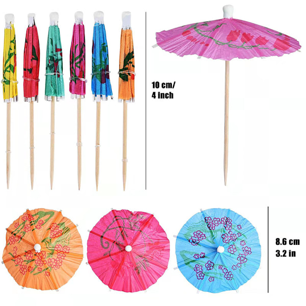 100-pakks Cocktail Drink Parasollpinner, Cupcake Toppers, Luau Parasoller Tannpinner for Tropisk Hawaiiansk Tiki Party Dekor