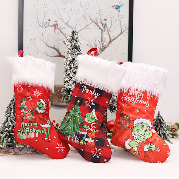 Grinch julstrumpor set om 4, rolig julklappspåse, julspisdekoration för barn,