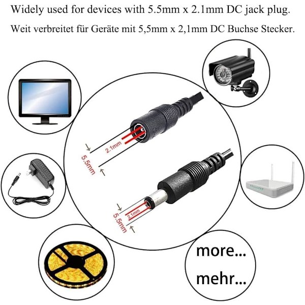5m DC 12V jatkojohto DC-liitin 5,5mm x 2,1mm DC 0-36V virtajohto uros-naaras sähköjatkojohto