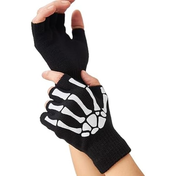 Skelettvantar för Kvinnor Män Vuxna Fingerlösa Goth Vantar Glöder i Mörkret Halloween Kostym Emo Tillbehör