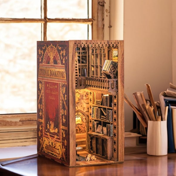 DIY Book Nook Kit - Miniature Dollhouse Kit med møbler og LED-lys, træ 3D-puslespil, kunstbog