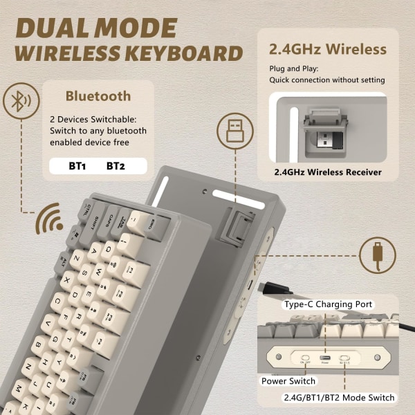 M87 80% Trådlöst SpelTangentbord, 87 TKL RGB-Tangenter, SA PBT Mekanisk Känsla, Bluetooth/2.4 Ghz Dubbel Mo