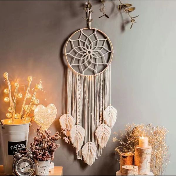 Fine Dream Macrame Drømmefangere til Soveværelse Voksen Drømmefanger Vægdekoration Stor Boho Væghængning med 5 Vævede Fjer Dusker Boligindretning Orna