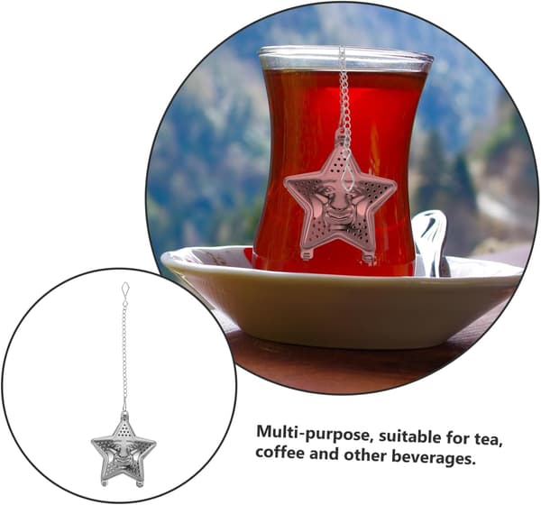 3 stk. stjerneformet te-infuser i rustfritt stål med kjede, finmasket tesil, multifunksjonell