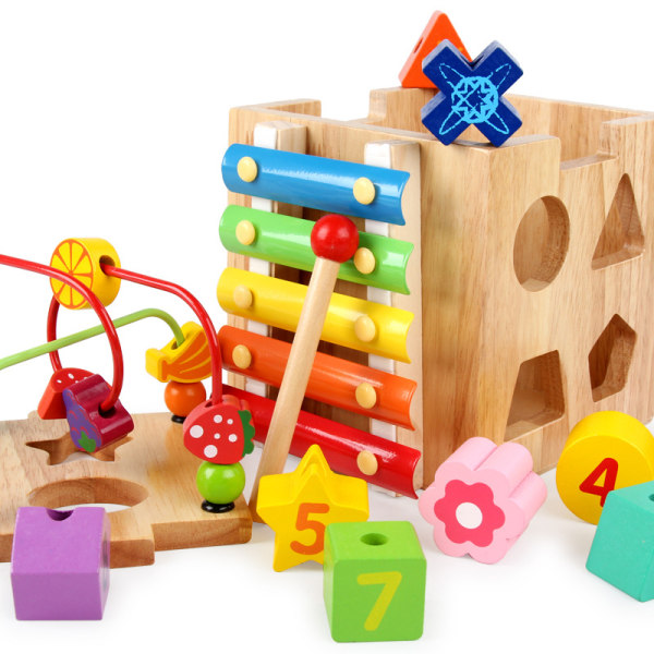 Barnens multifunktionella polyeder skattkista lindnings pärlor pärlor massivt trä Montessori tidig E