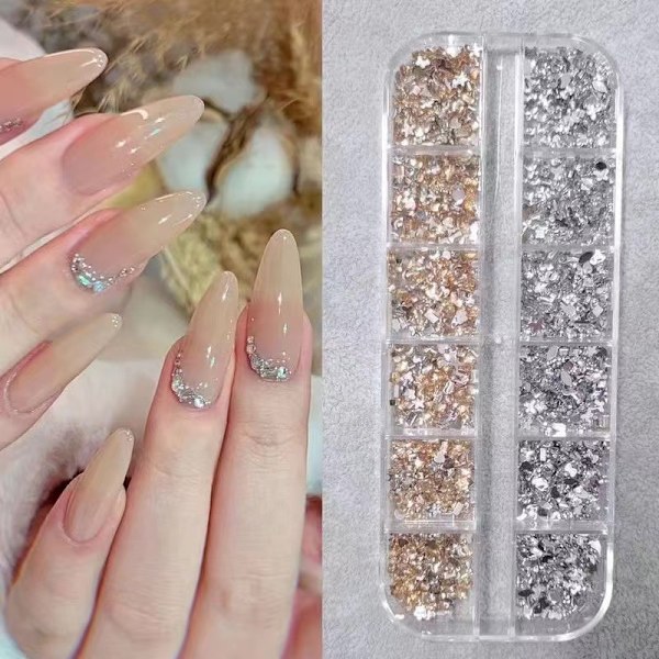 12 gitter hvide krystalrhinestones, sølv runde flade sten, assorteret, negle sliver