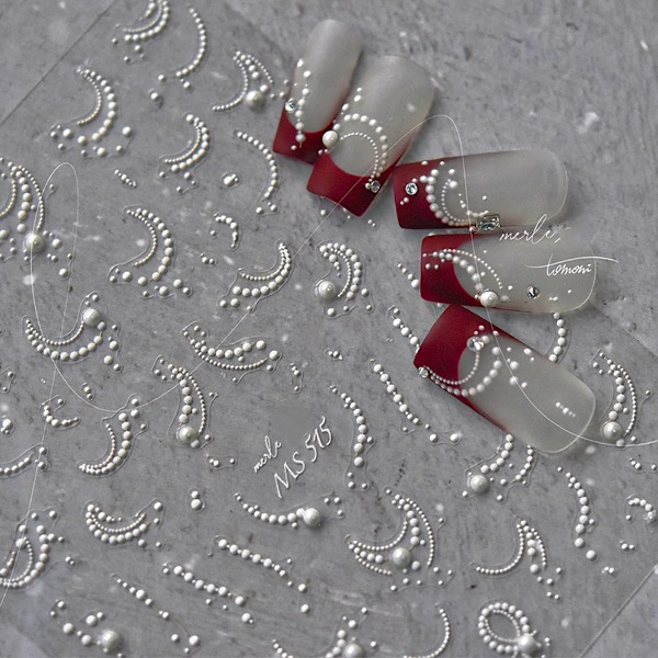 Vita franska tippar Nageldekaler 5D Präglade Pärlor Nageldekaler Romantisk Fransk Linje Nageldekaler Vita Pärlor Berlocker Design Nagelmaterial för Kvinnor