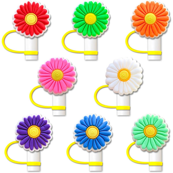 8 kpl Daisy-kukkien pillin päällisiä 10 mm uudelleenkäytettäviä pillin suojuksia juomiseen pölytiiviitä pillin kärkiä kansia Tumbles-kuppeihin tarvikkeita (Daisy)