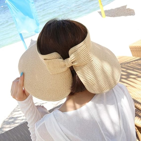 2 stk strå strandsolhatt for kvinner (khaki og svart), bred brim S