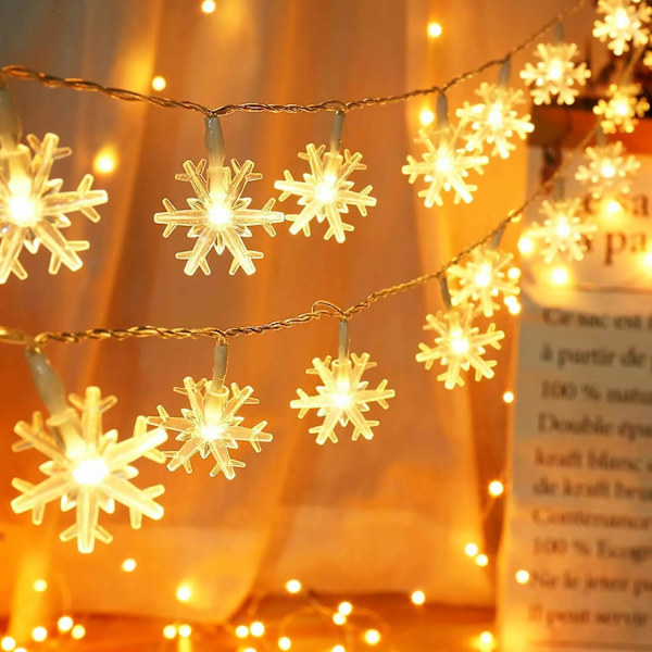 Snöflingeljuskedja, 6M 40 LED Batteridrivna Julgransljus, 2 Lägen Monokrom och Ljusstark Inomhusljuskedja, Ch