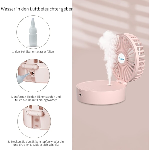 x Mini Kannettava Tuuletin (Pinkki) Viilentävällä Sumulla ja Ladattavalla Akulla, Taitettava, 7 Värin Yövalo, USB, 3 Nopeutta, Sopii Naisille ja Lapsille