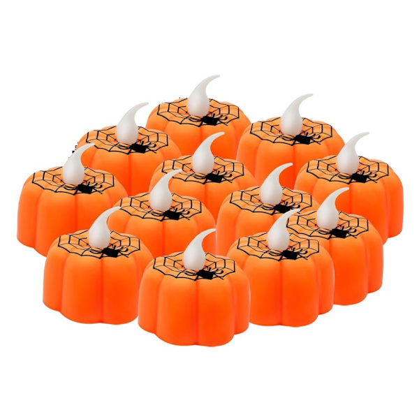 12 stk. Gresskar Tealights Lys Halloween Flammeløse Lys Batteridrevne LED Tealight Spider Web