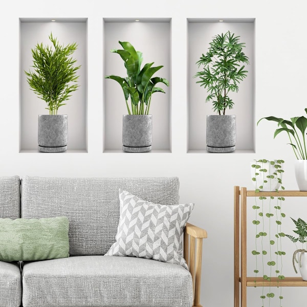 3D Grønne Plante Veggklistremerker, 3stk Vase Plante Veggklistremerker