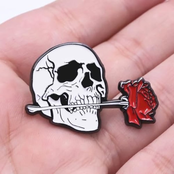 Skalle-Ros Enamel Broch Nål - Halloween Goth Lapel Badge för Hatt Ryggsäck Fest Kostym Boll - Unik Present till Vänner