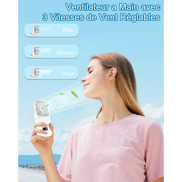 Hvit Bærbar Vifte, 1 stk Mini Håndholdt Vifte med Oppladbart Batteri og LED-Display, Liten Personlig Vifte for Skrivebord, Bord, Reise, Utendørs