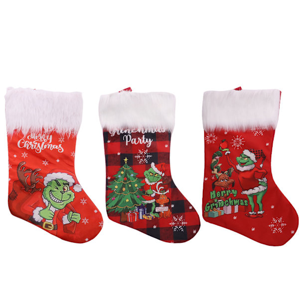 Grinch julstrumpor set om 4, rolig julklappspåse, julspisdekoration för barn,