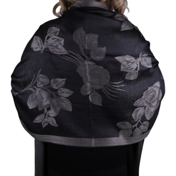Mjuk Silkeslen Pashmina Vändbar Blommig Ros Sjal Wrap Halsduk med fransar