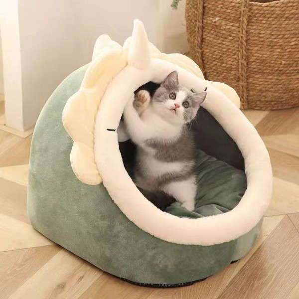 (L-48x45x40cm,Dinosaurer)Katteseng Vaskbar Hulemåtte til Små Hunde Plys med Aftagelig Seng til Kat en