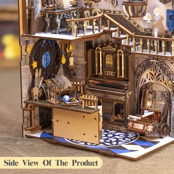 Gör-det-själv-bokhörnskit med cover, dockhus i miniatyr med möbler och LED-ljus, 3D-trä